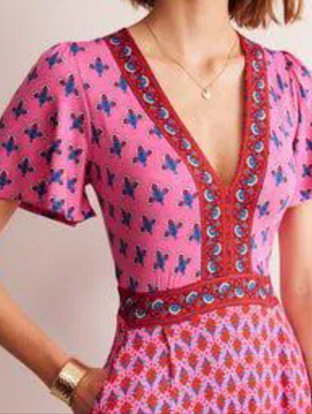 Boden Ellie Flutter Maxi Tea Dress Multi Print Coastal Boho V-neck Size 12P - Picture 5 of 13